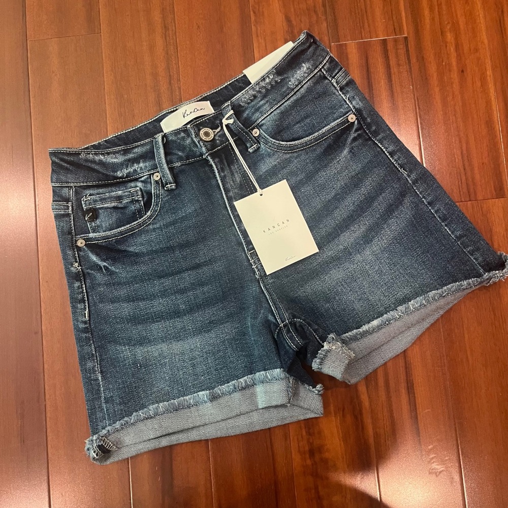 KanCan Denim Jean Shorts High Rise Frayed Raw Hem Dark Blue New NWT Size‎ Medium